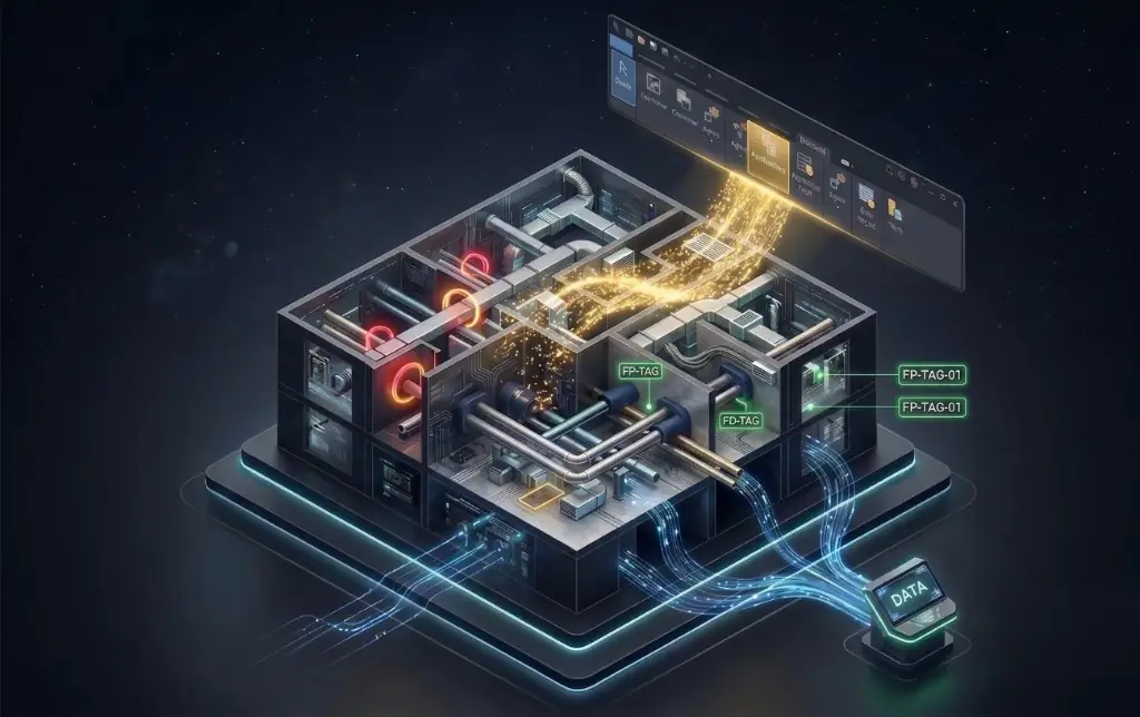 Concept diagram showing a Revit ribbon command flowing into a live building model and exporting tagged data.